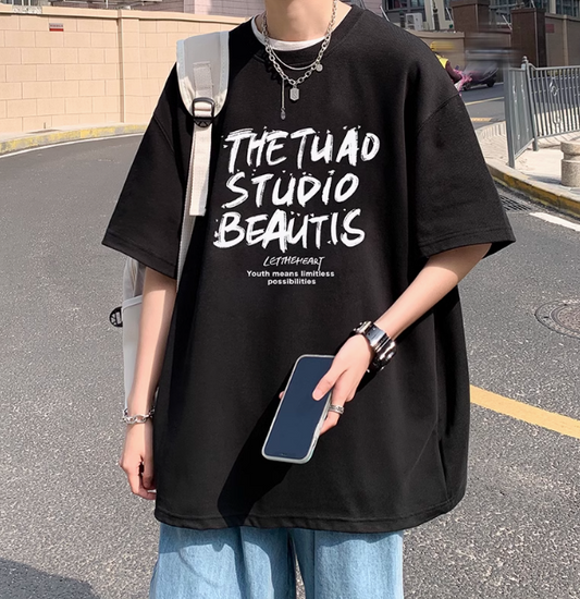Short-sleeved boys summer T-shirt new American summer fashion brand half-sleeved loose heavy cotton top for men