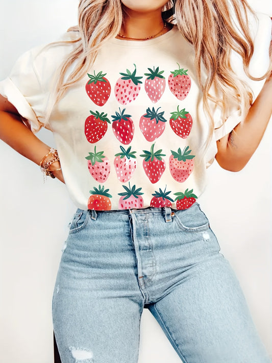 [Chic T-Shirt] Soft Polyester Blend T-Shirt | Chic Strawberry Print for Women - Crew Neck, Short Sleeve, Machine Washable - Perfect for Spring & Summer
